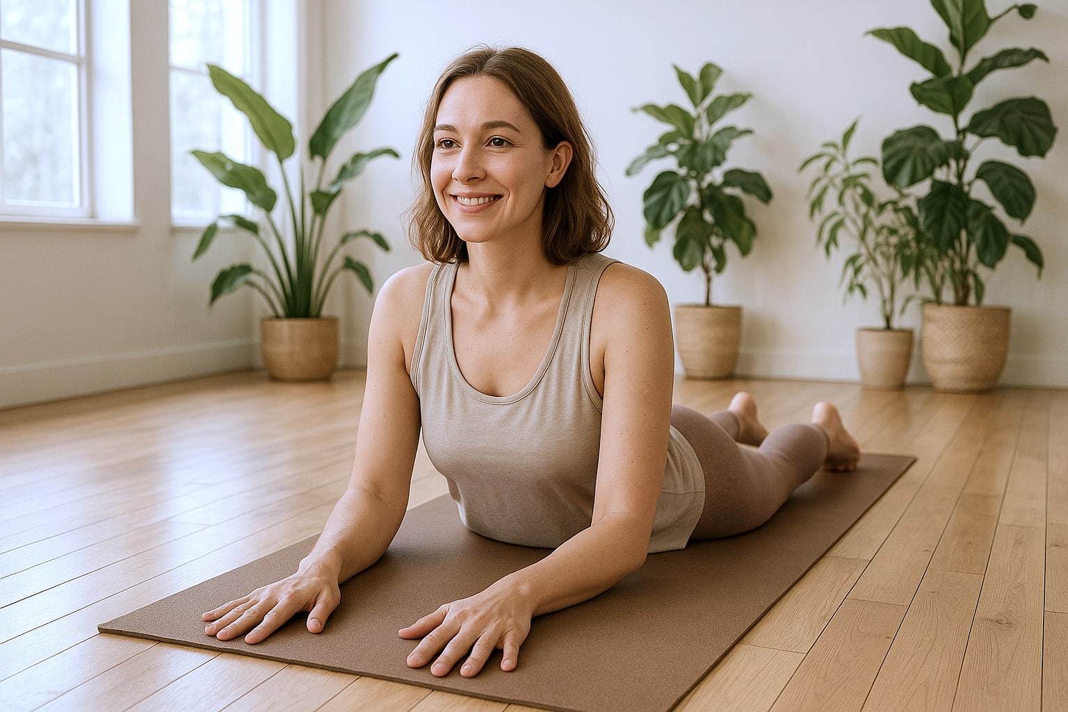 Lachende vrouw in Sphinx-pose op een bruine yogamat, lichte studio met houten vloer en groene kamerplanten op de achtergrond.