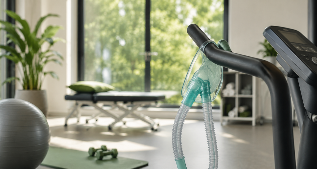 Moderne oefenruimte voor longfysiotherapie met cardioapparatuur en ademhalingsmasker voor revalidatie bij COPD.